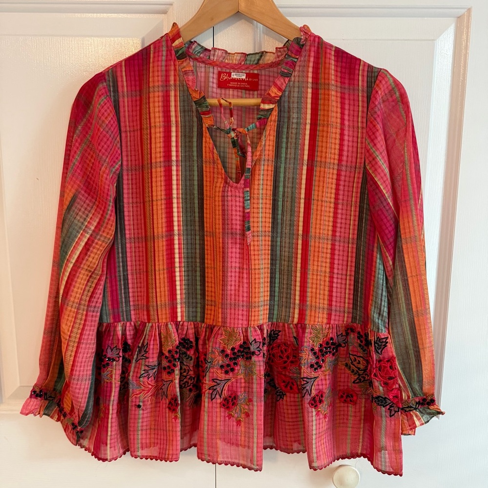Anthropologie Pink, Orange, and Green Gingham Peplum Top